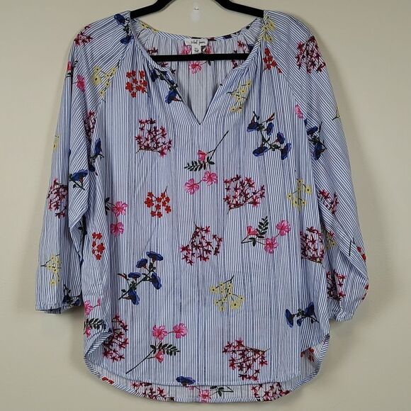 Tribal Jeans Split Neck Floral Pinstripe Blouse Top Size L Coastal - Picture 1 of 9